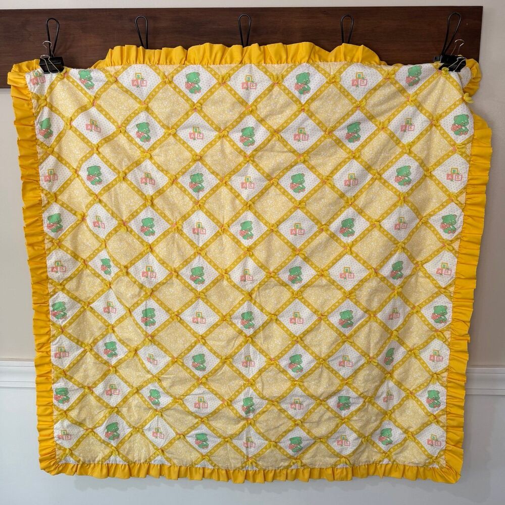 Vintage Handmade Baby Quilt Crib Blanket Yellow Teddy Bear ABC Ruffle Trim